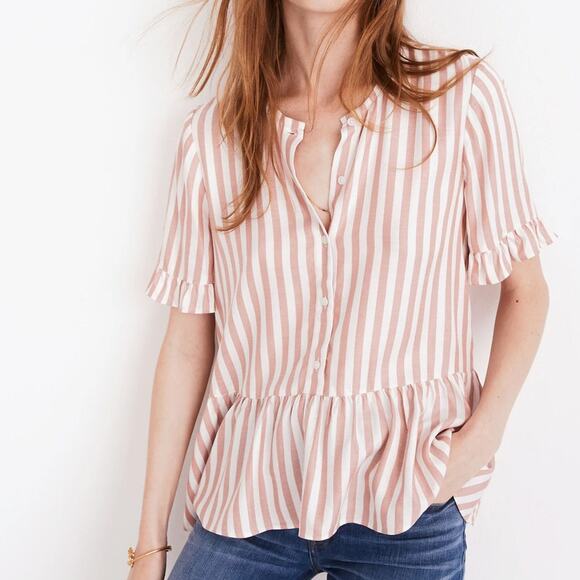 Madewell Peplum Button Down Top Red White Striped Ruffle Sleeve Blouse S - Picture 6 of 7